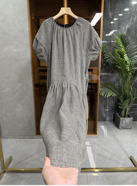 清仓不予退换！风！亚麻格子圆领泡泡袖连衣裙MZ15209~ME