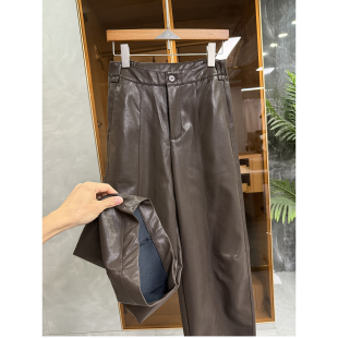 M109108 女 磨毛蛋白皮中高腰休闲阔腿皮裤 秋冬穿搭小心机