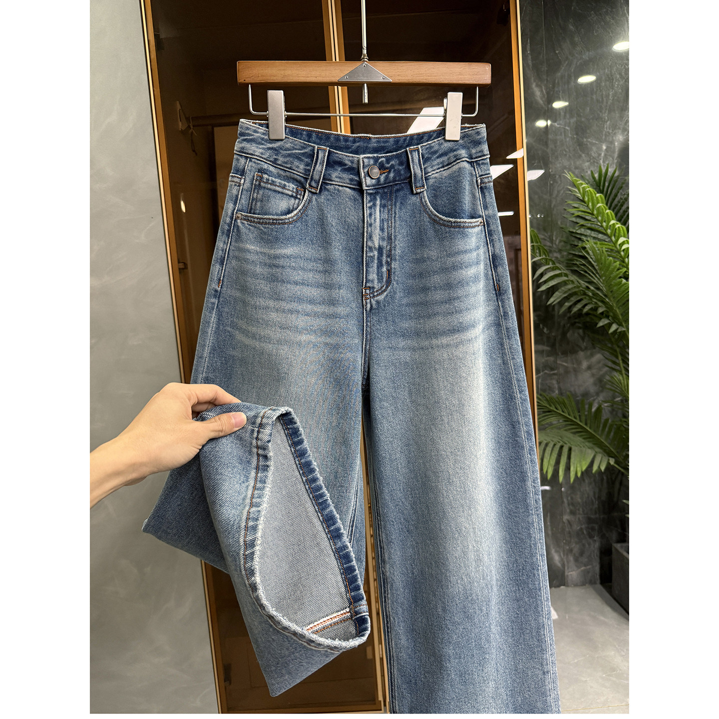 大工厂品质系列！中高腰牛仔阔腿九分裤女M338076~JS
