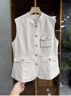 老友快快！大工厂品质！收腰贴袋棉麻立领马甲女   D66023~ME