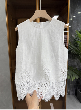 美美美！蕾丝花边亚麻圆领无袖背心上衣女    250408001~JS