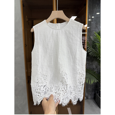 蕾丝花边亚麻圆领无袖背心上衣