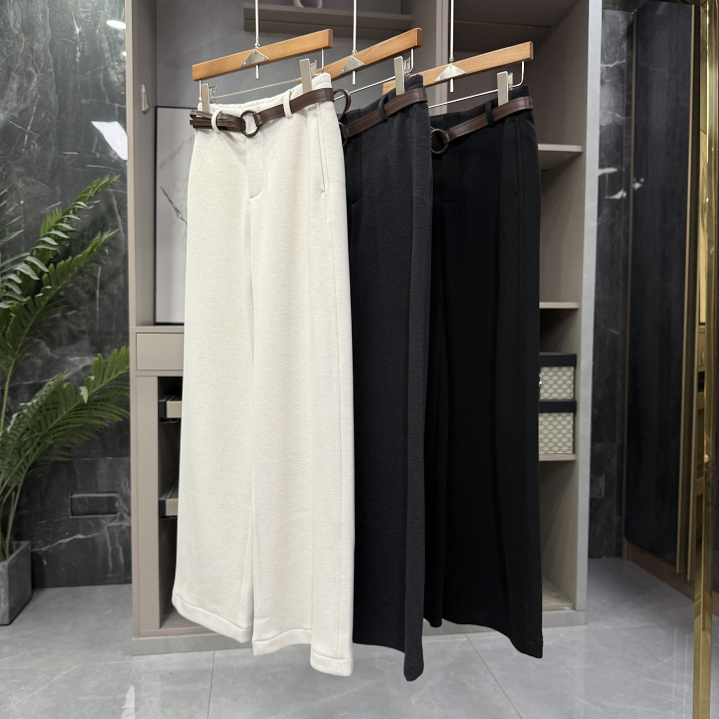 加绒羊毛中高腰休闲直筒阔腿裤