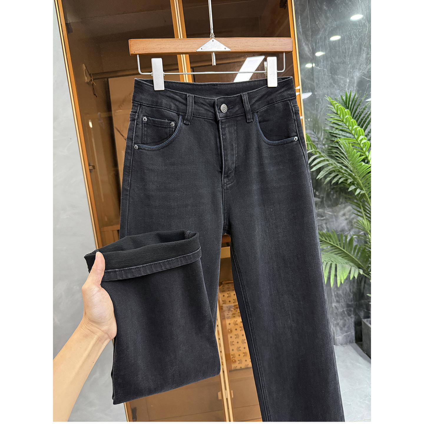 N货！微弹加绒中高腰牛仔直筒裤