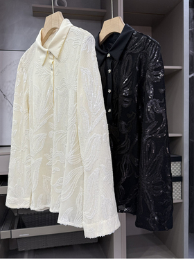 yuan单！人群中焦点！羊毛网格亮片半开领衬衫上衣女  11018A~ZY