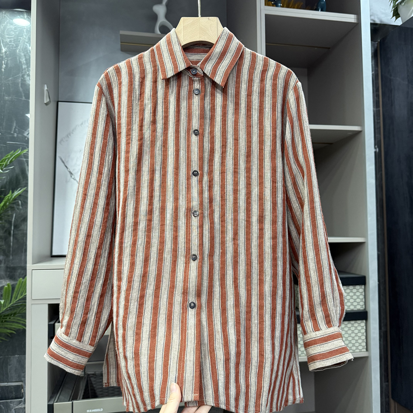 N货!宽松亚麻条纹长袖衬衫上衣