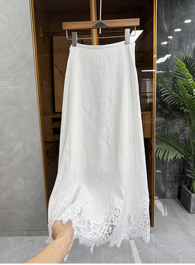 清仓不予退换！ji！蕾丝花边亚麻A字半身裙女250408002~JS
