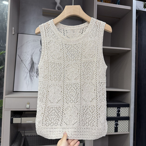 钩花镂空圆领无袖背心针织上衣