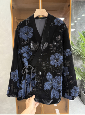 重工高ji制款！G上4K+！真丝丝绒钉珠花朵新中式外套女 AE0449~JS