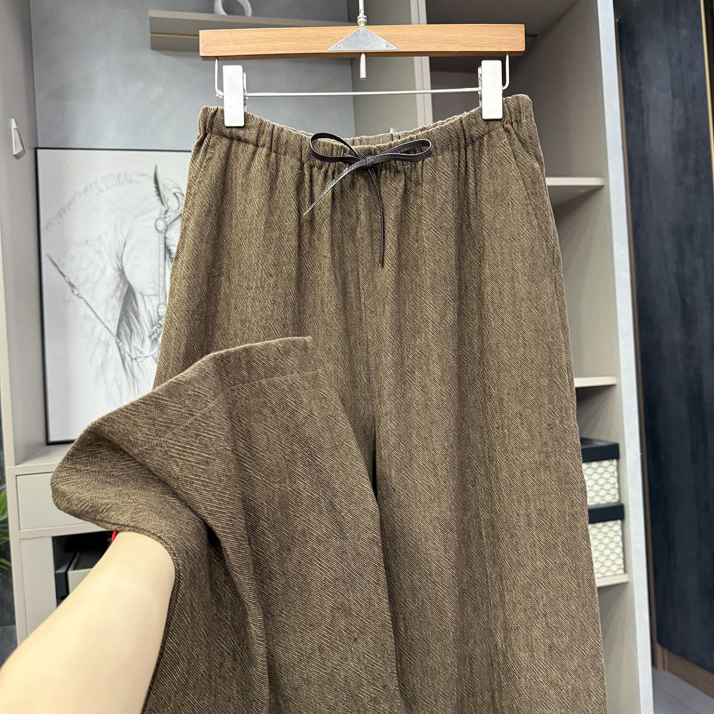 尖货!斜纹亚麻松紧腰休闲阔腿裤