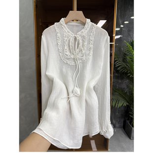 法式！10穿9美！宽松麻木耳边圆领长袖衬衫上衣女  S26040~JS