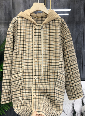 清仓不予退换#A~版型无敌飞德国~格子连帽中长外套女200231
