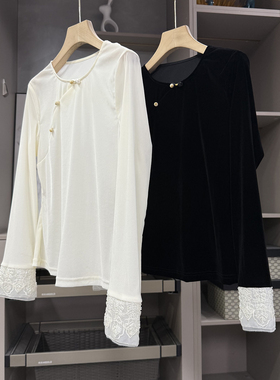 国风新中式！修身斜襟植绒圆领拼接刺绣袖子上衣女    Y705~ZY