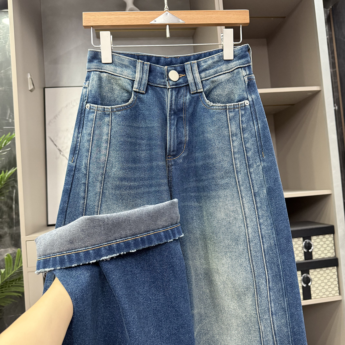 N货！磨毛中高腰牛仔阔腿裤