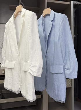 清仓不予退换！亚麻拼接蕾丝中袖西装外套女100620~ZY