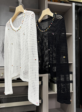 清仓不予退换！想脱！钉珠圆领长袖镂空针织衫短上衣女168195~ZY