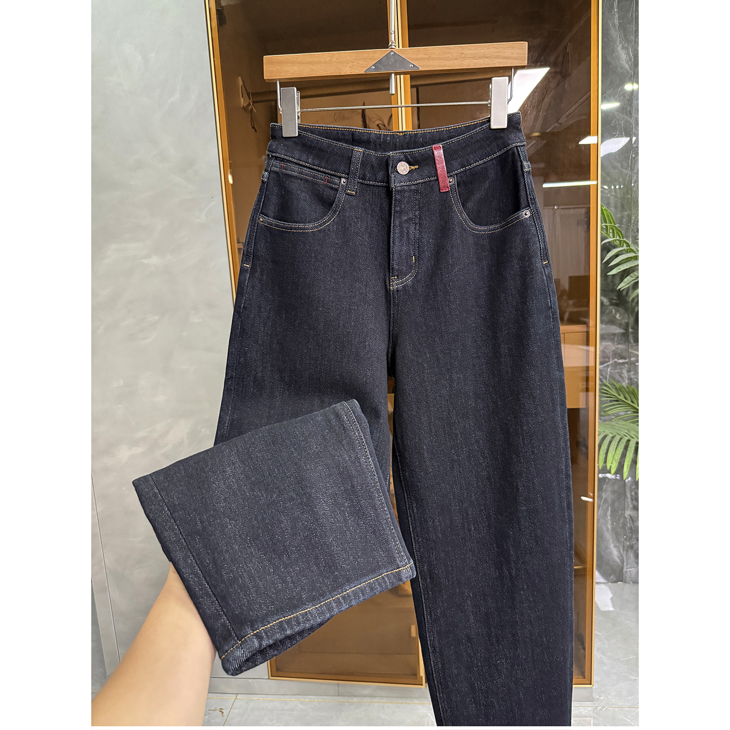 大厂出！磨毛高腰牛仔老爹裤