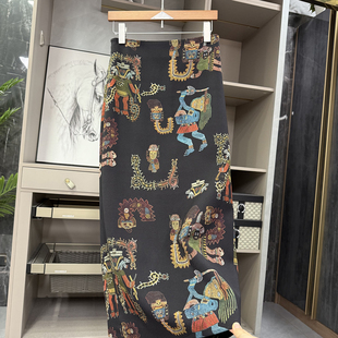 尖货！即优雅又气质！复古印花羊毛后开叉半身裙女  K1080~ZY