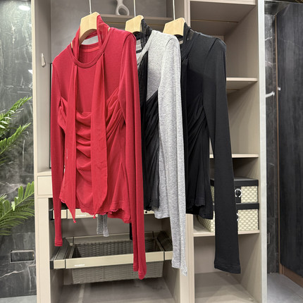 美得毫不费力！修身羊毛拼网纱飘带圆领长袖上衣女     LT5022~ZY