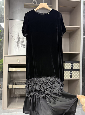 清仓不予退换！上4K+！拼接裙摆真丝丝绒圆领短袖连衣裙30668~ZY