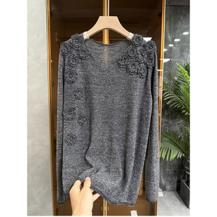 美美美！立体花朵羊毛亚麻圆领长袖针织上衣女    20250816~JS