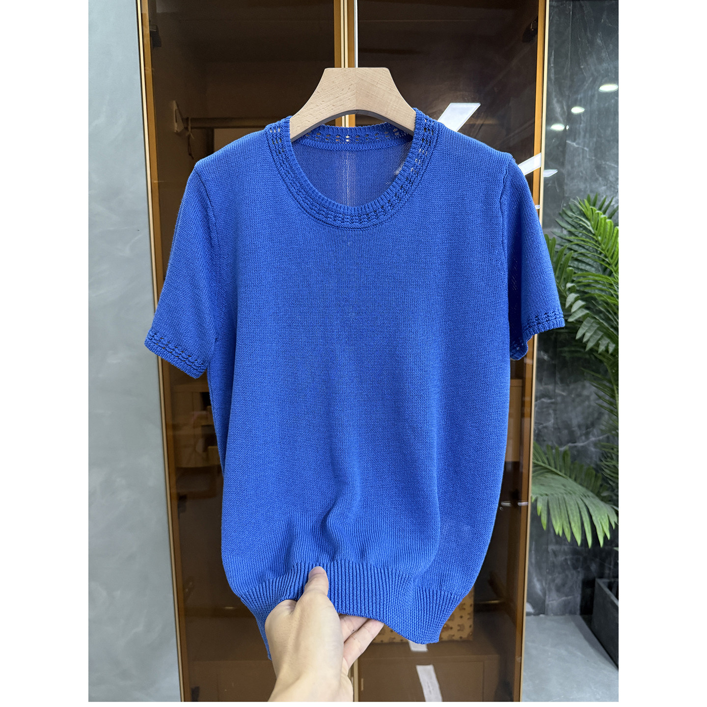 N货！通勤百搭！钩花圆领短袖针织衫上衣女   M836015~JS