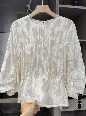 清仓不予退换！代厂P牌！抽褶蝙蝠衫真丝提花中袖上衣女730847~ZY