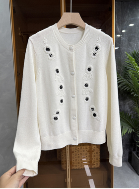 代厂jin口P牌料！刺绣花朵羊绒羊毛圆领针织开衫女    250991~JS