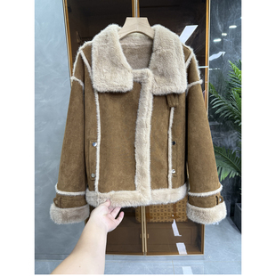 R7528 皮毛一体宽松翻领夹克短外套女 温暖时髦并存 尖货