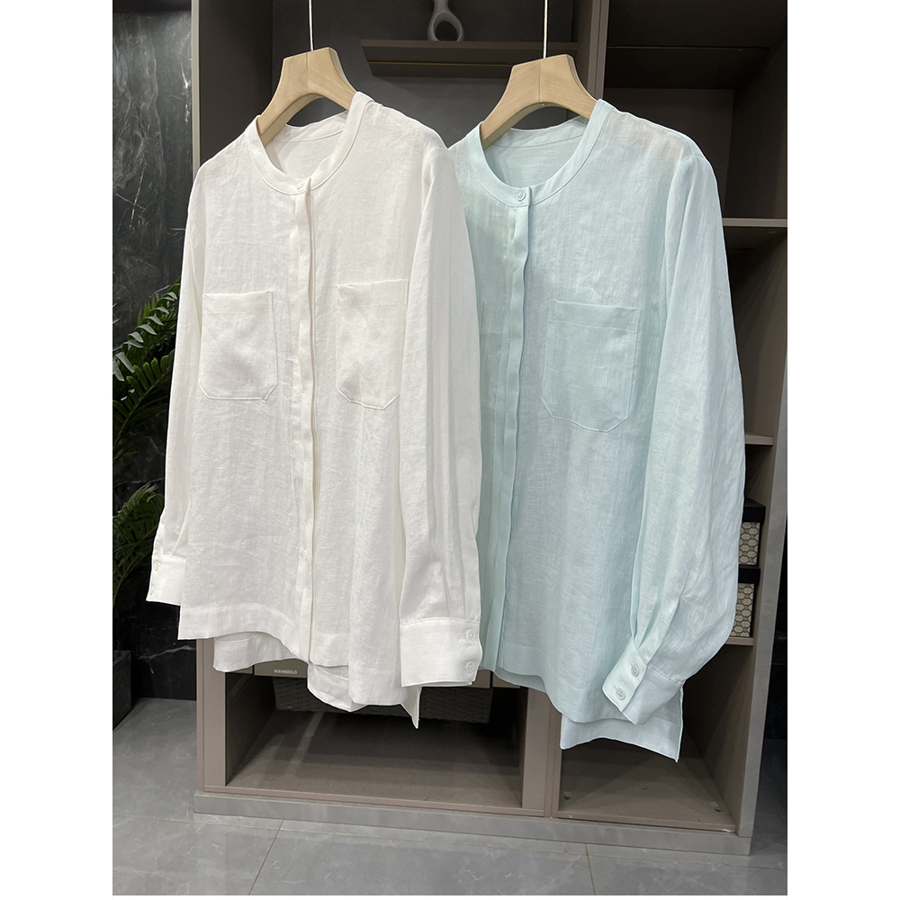 气质款！透气亚麻圆领长袖衬衫