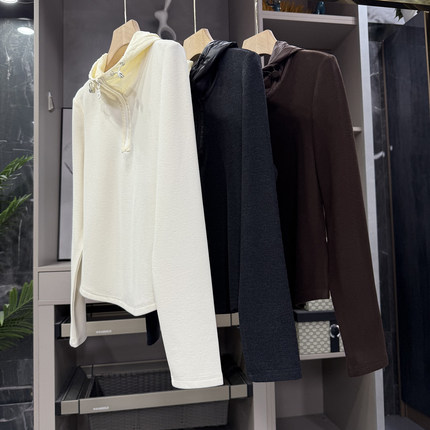 N货！温暖显瘦！拼接连帽加绒绒面羊毛长袖上衣女  M02418~ZY