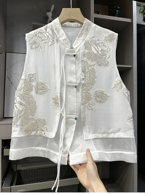 中式！假两件真丝提花欧根纱马甲