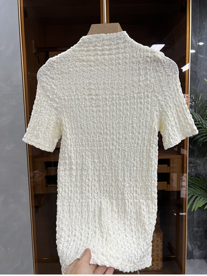 自留推荐褶皱立领短袖针织上衣女