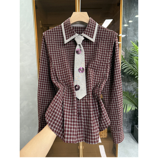 Q货!氛围感气质单品!复古格子领带棉衬衫短上衣女 C5056~JS