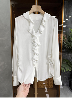 美翻！设计师款！真丝双乔荷叶边V领长袖衬衫上衣女   A3056~ME