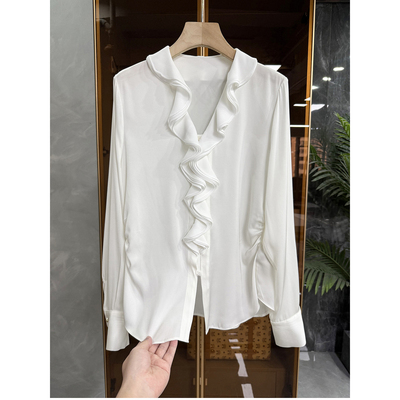 美翻!真丝双乔荷叶边V领长袖衬衫