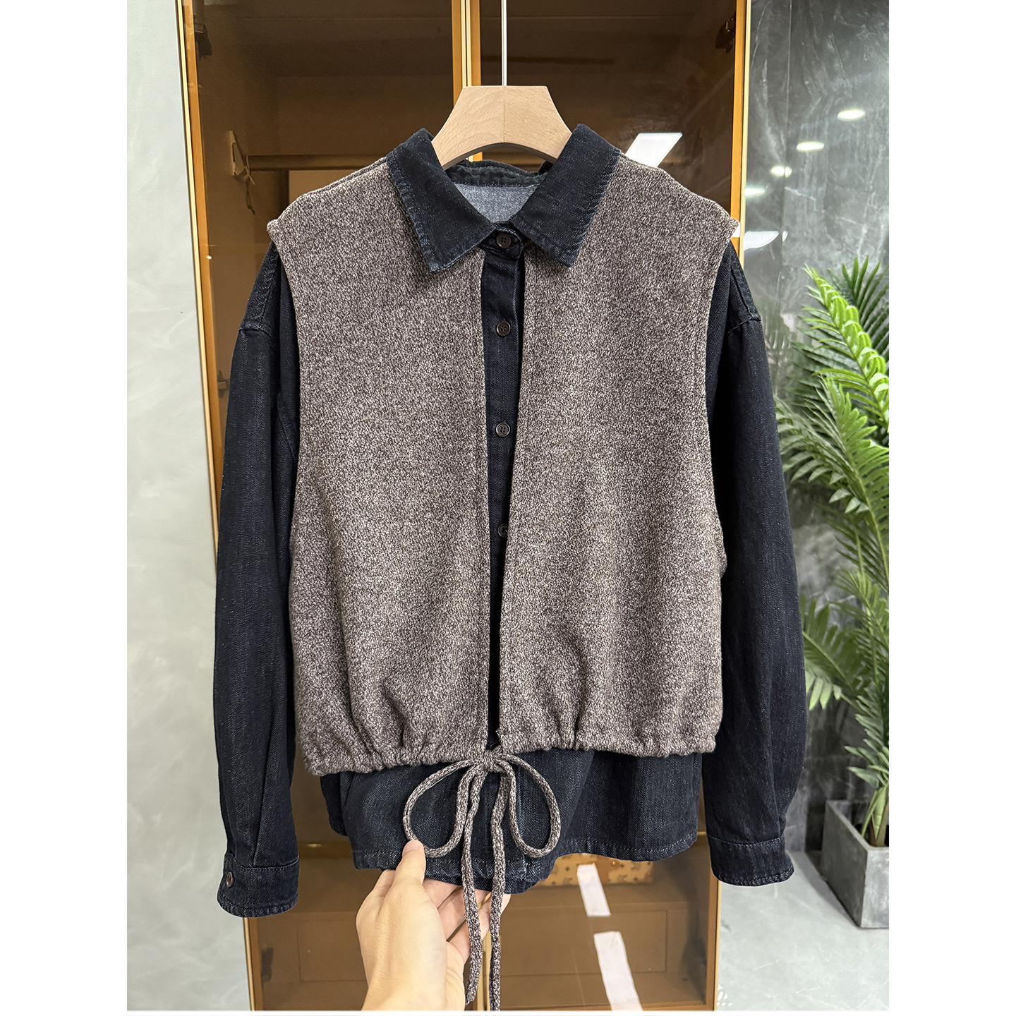 宽松假两件磨毛牛仔衬衫短外套