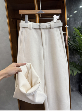 N货！温暖又气质！绵羊毛呢面中高腰休闲镰刀阔腿裤女 387728~JS