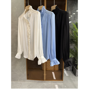 展会订单!真丝双乔木耳边V领长袖衬衫上衣女 260106001~ME