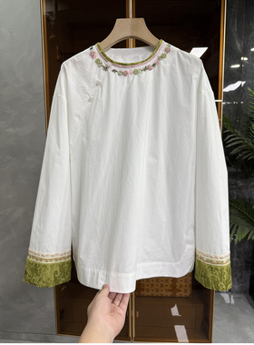 国风新中式！拼接钉珠刺绣圆领长袖衬衫上衣女    D25688~ME