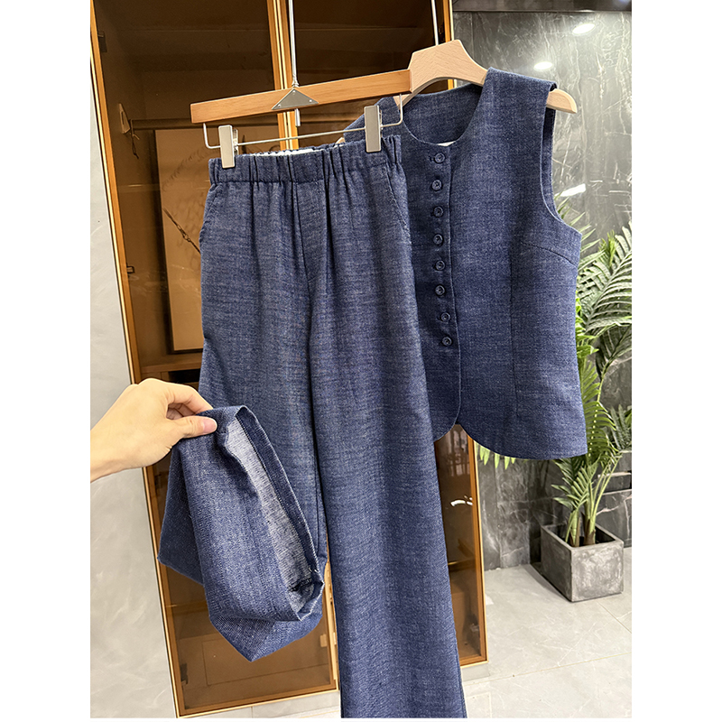 yuan出!牛仔麻修身马甲+长裤套装