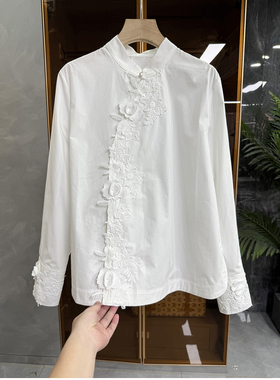 推荐！国风新中式！花边斜襟立领长袖棉衬衫上衣女   D25683~ME