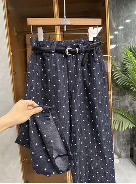 小个子收！日常时髦！亚麻莱赛尔波点牛仔直筒八分裤女  66812~JS