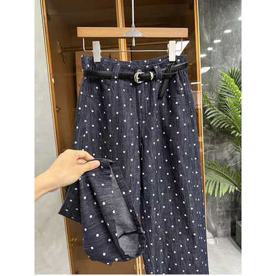 亚麻莱赛尔波点牛仔直筒八分裤