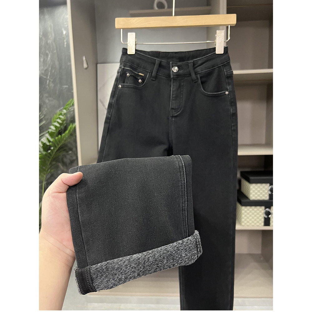 N货！抓绒中高腰窄版直筒牛仔裤