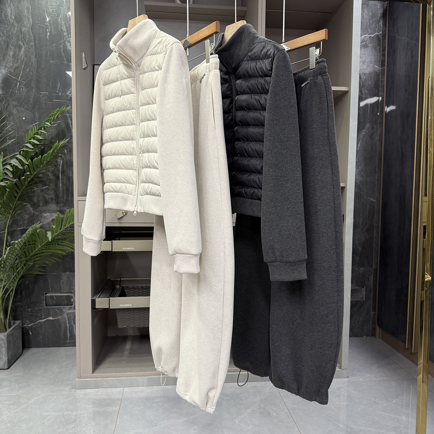 代厂柜款！拼接白鸭绒羽绒服卫衣外套+加绒裤套装女  252245~ZY