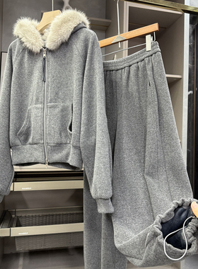 代厂外M单！加绒连帽卫衣外套+束脚休闲裤套装女    252251~ZY