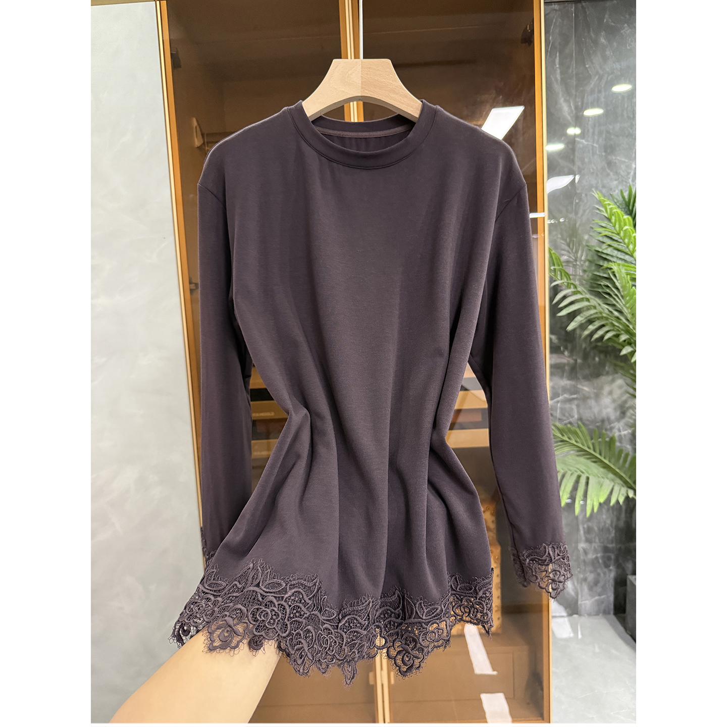 薄绒蕾丝边羊毛长袖打底衫T恤