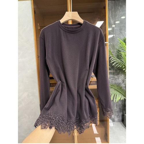 薄绒蕾丝边羊毛长袖打底衫T恤