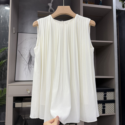 P牌三醋酸圆领百褶无袖上衣